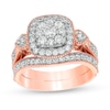 Thumbnail Image 0 of 0.95 CT. T.W. Composite Diamond Cushion Frame Heart-Sides Vintage-Style Bridal Set in 10K Rose Gold