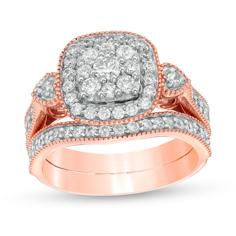 0.95 CT. T.W. Composite Diamond Cushion Frame Heart-Sides Vintage-Style Bridal Set in 10K Rose Gold