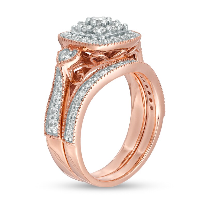 Main Image 3 of 0.95 CT. T.W. Composite Diamond Cushion Frame Heart-Sides Vintage-Style Bridal Set in 10K Rose Gold