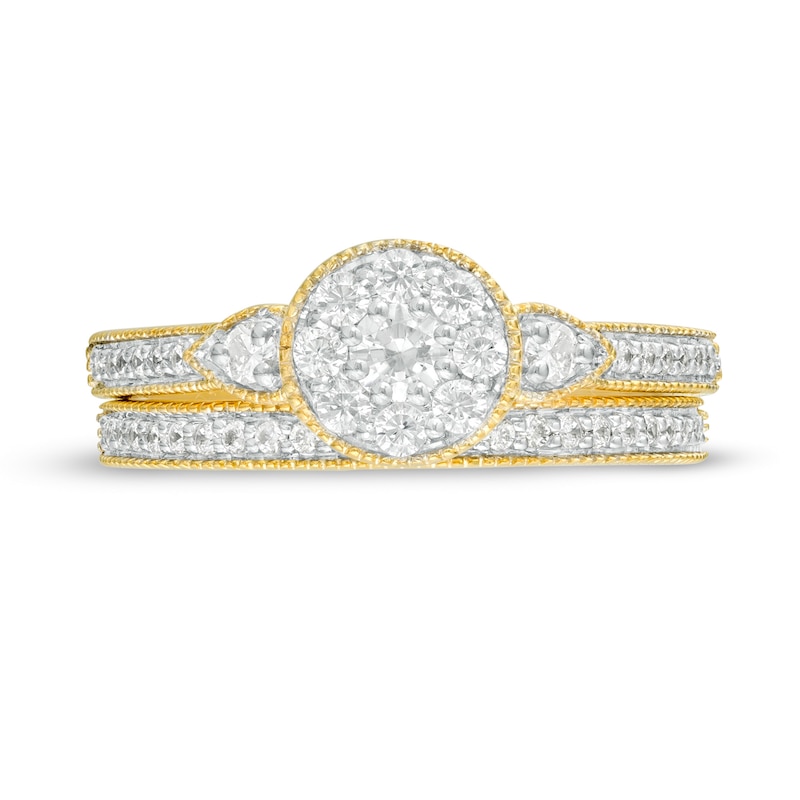 Main Image 4 of 0.58 CT. T.W. Diamond Frame Petal-Sides Vintage-Style Bridal Set in 10K Gold