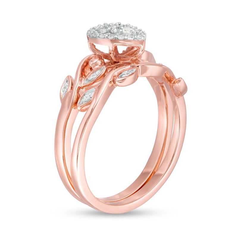 Main Image 3 of 0.23 CT. T.W. Composite Diamond Pear-Shaped Frame Leaf-Shank Bridal Set in 10K Rose Gold