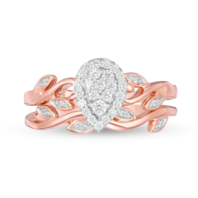 Main Image 4 of 0.23 CT. T.W. Composite Diamond Pear-Shaped Frame Leaf-Shank Bridal Set in 10K Rose Gold