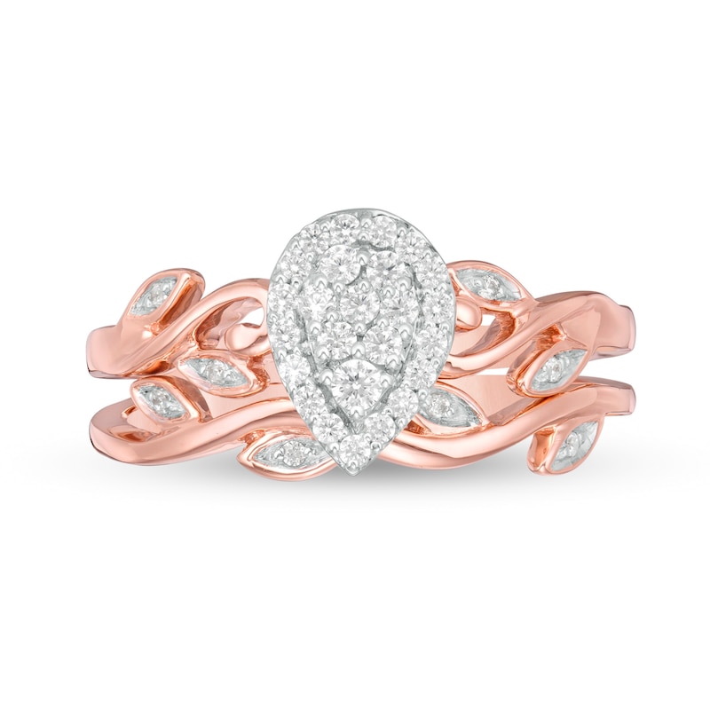 0.23 CT. T.W. Composite Diamond Pear-Shaped Frame Leaf-Shank Bridal Set in 10K Rose Gold