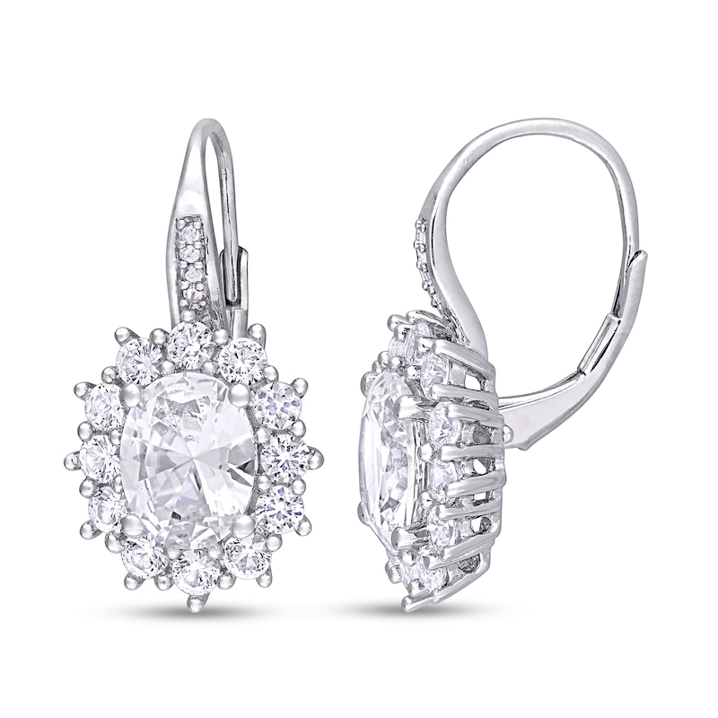 Oval Lab-Created White Sapphire and 0.04 CT. T.W. Diamond Starburst Frame Drop Earrings in Sterling Silver|Peoples Jewellers