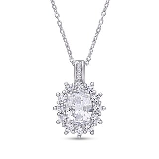 Oval Lab-Created White Sapphire and Diamond Accent Starburst Frame Pendant in Sterling Silver