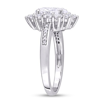 Oval Lab-Created White Sapphire and 0.04 CT. T.W. Diamond Starburst Frame Ring in Sterling Silver