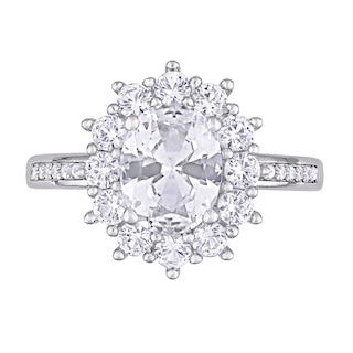 Oval Lab-Created White Sapphire and 0.04 CT. T.W. Diamond Starburst Frame Ring in Sterling Silver