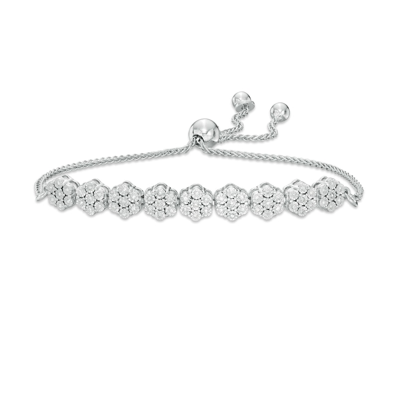0.25 CT. T.W. Composite Diamond Flower Bolo Bracelet in Sterling Silver - 9.5"