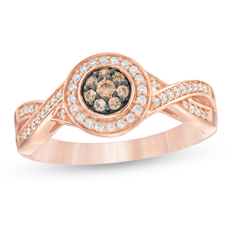 0.25 CT. T.W. Champagne and White Composite Diamond Twist Shank Ring in 10K Rose Gold