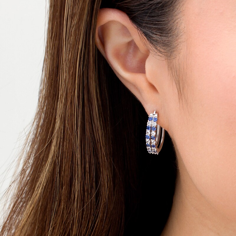 Lab-Created Blue and White Sapphire Alternating Split Double Row Hoop Earrings in Sterling Silver