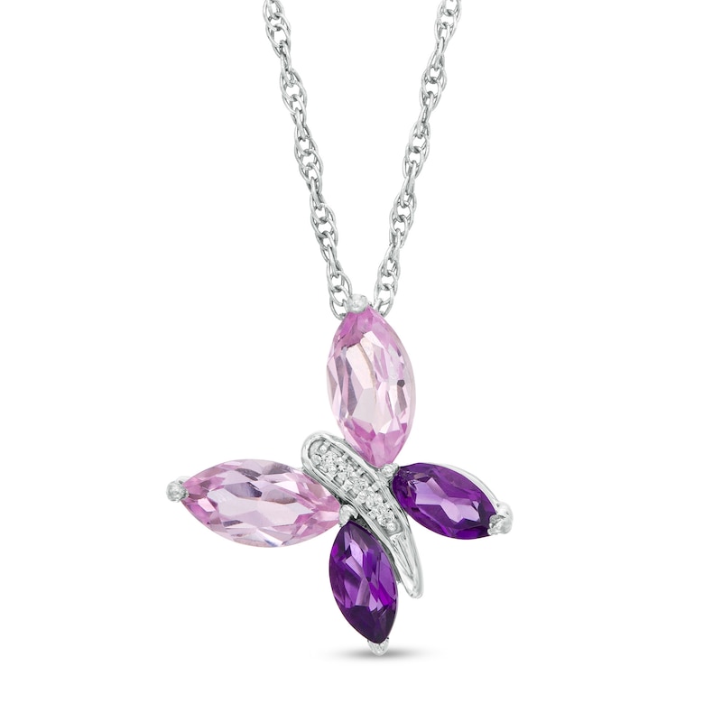 Marquise Amethyst, Lab-Created Pink Sapphire and Diamond Accent Tilted Butterfly Pendant in Sterling Silver