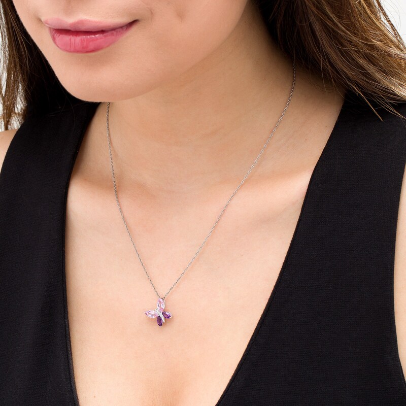 Marquise Amethyst, Lab-Created Pink Sapphire and Diamond Accent Tilted Butterfly Pendant in Sterling Silver|Peoples Jewellers