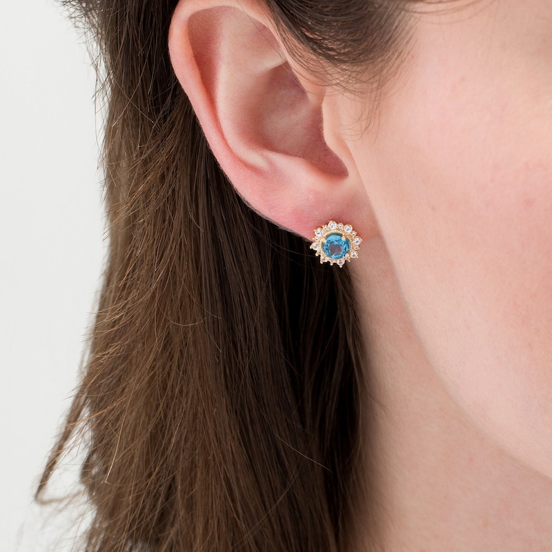 Main Image 2 of 5.0mm Swiss Blue Topaz and Lab-Created White Sapphire Sunburst Frame Vintage-Style Stud Earrings in 10K Gold