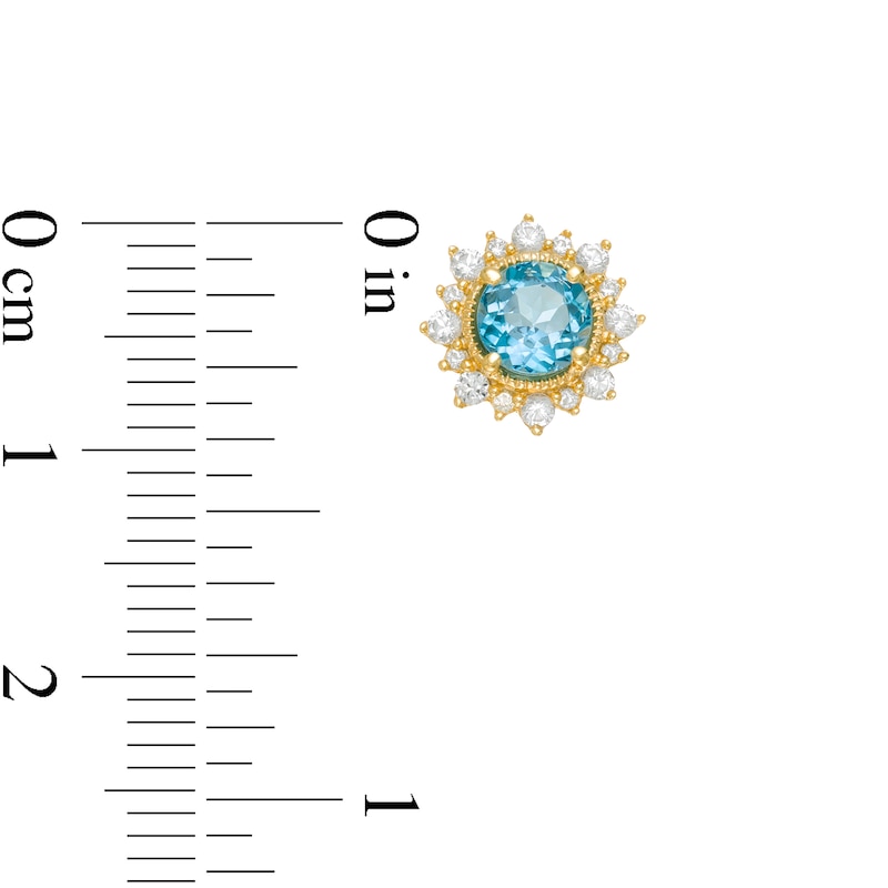Main Image 3 of 5.0mm Swiss Blue Topaz and Lab-Created White Sapphire Sunburst Frame Vintage-Style Stud Earrings in 10K Gold