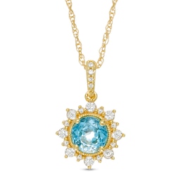 6.0mm Swiss Blue Topaz and Lab-Created White Sapphire Sunburst Frame Vintage-Style Drop Pendant in 10K Gold