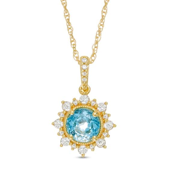 6.0mm Swiss Blue Topaz and Lab-Created White Sapphire Sunburst Frame Vintage-Style Drop Pendant in 10K Gold