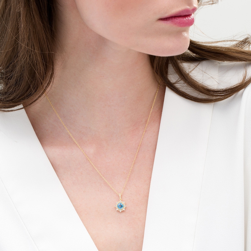 Main Image 2 of 6.0mm Swiss Blue Topaz and Lab-Created White Sapphire Sunburst Frame Vintage-Style Drop Pendant in 10K Gold