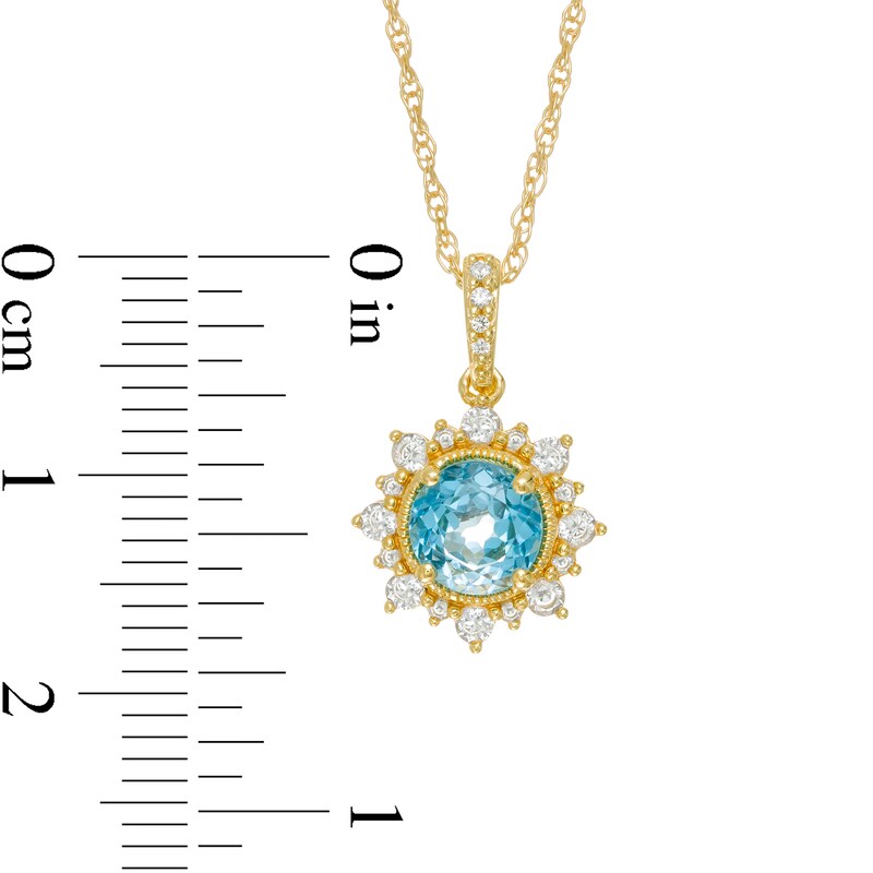 Main Image 3 of 6.0mm Swiss Blue Topaz and Lab-Created White Sapphire Sunburst Frame Vintage-Style Drop Pendant in 10K Gold