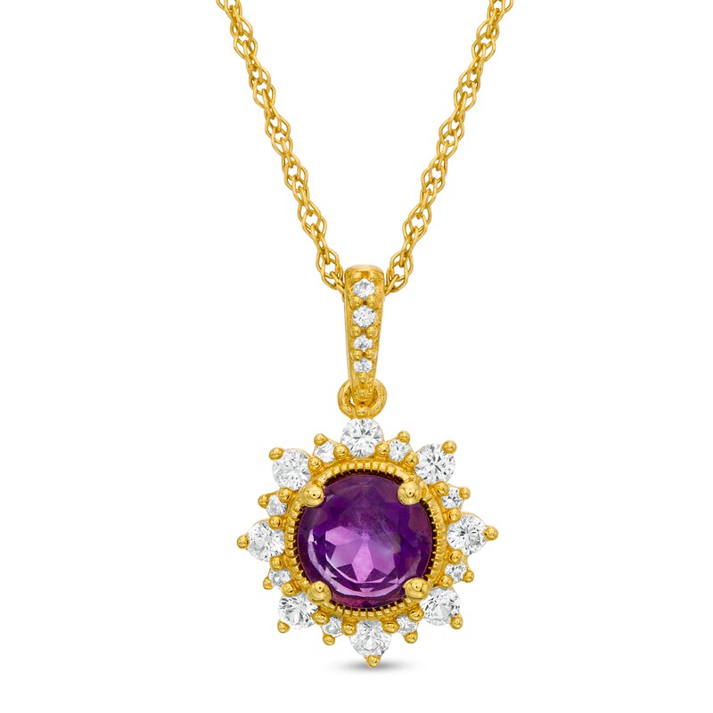 Main Image 1 of 6.0mm Amethyst and Lab-Created White Sapphire Sunburst Frame Vintage-Style Drop Pendant in 10K Gold