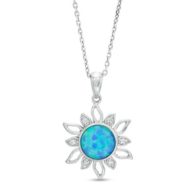 7.0mm Lab-Created Blue Opal and White Sapphire Sunburst Frame Drop Pendant in Sterling Silver