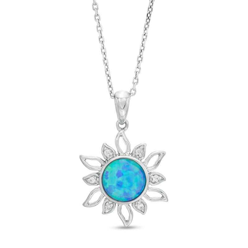 7.0mm Lab-Created Blue Opal and White Sapphire Sunburst Frame Drop Pendant in Sterling Silver