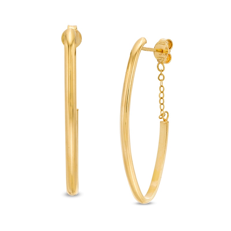Oval Tube J-Hoop with Chain Earrings in 14K Gold