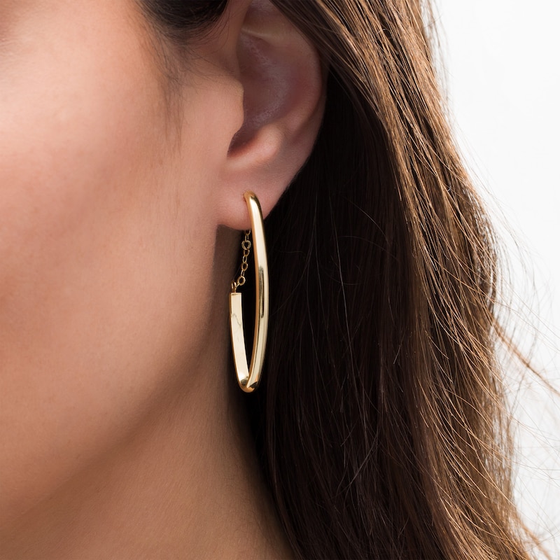 Main Image 2 of Oval Tube J-Hoop with Chain Earrings in 14K Gold