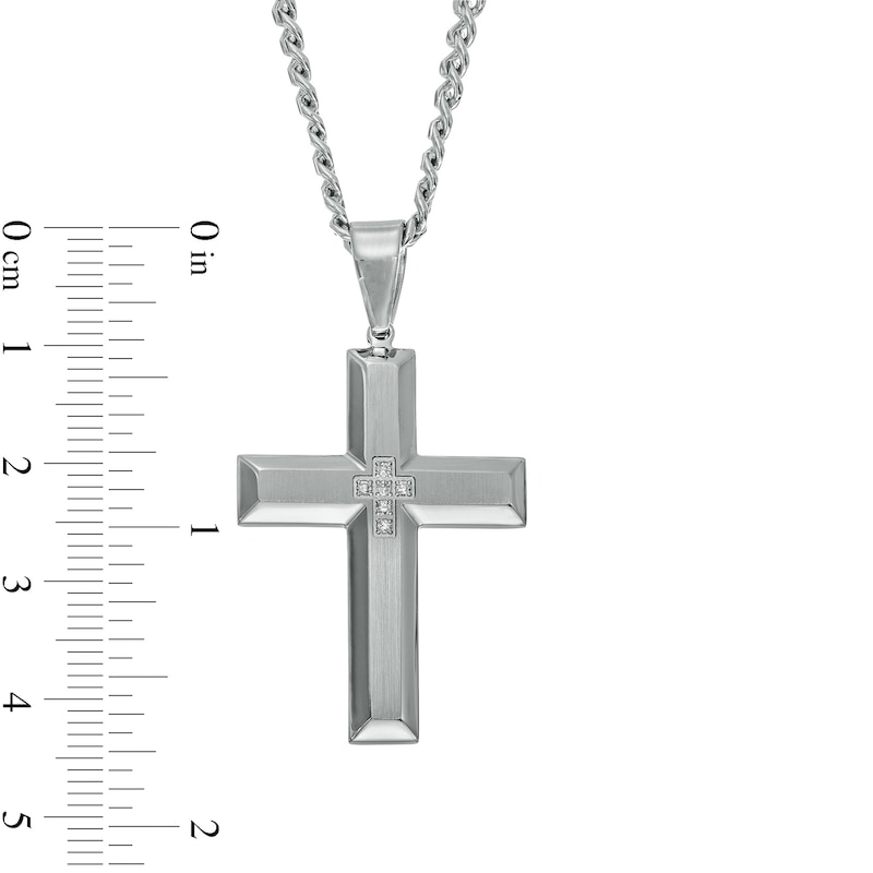 Main Image 2 of Men's 0.04 CT. T.W. Diamond Cross Pendant in Stainless Steel – 24"
