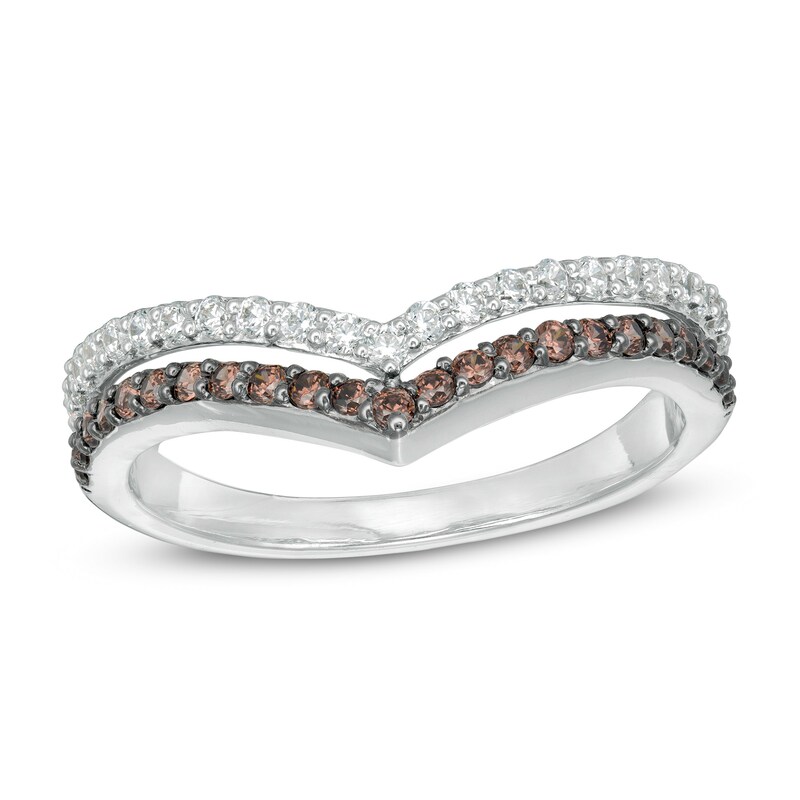 0.45 CT. T.W. Champagne and White Diamond Chevron Anniversary Band in 10K White Gold