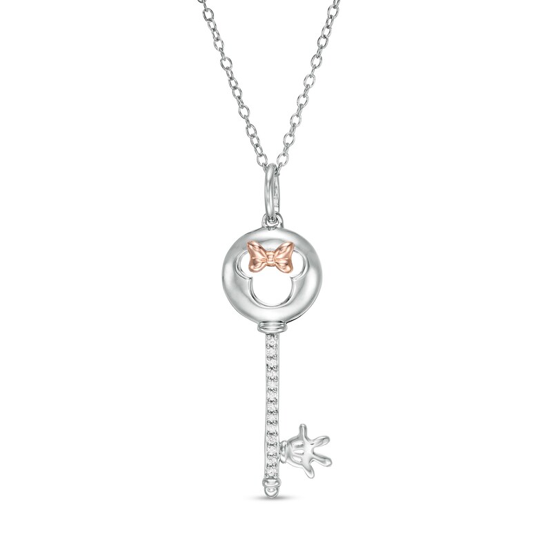 Mickey Mouse & Minnie Mouse 0.05 CT. T.W. Diamond Minnie Mouse Key Pendant in Sterling Silver and 10K Rose Gold - 19"