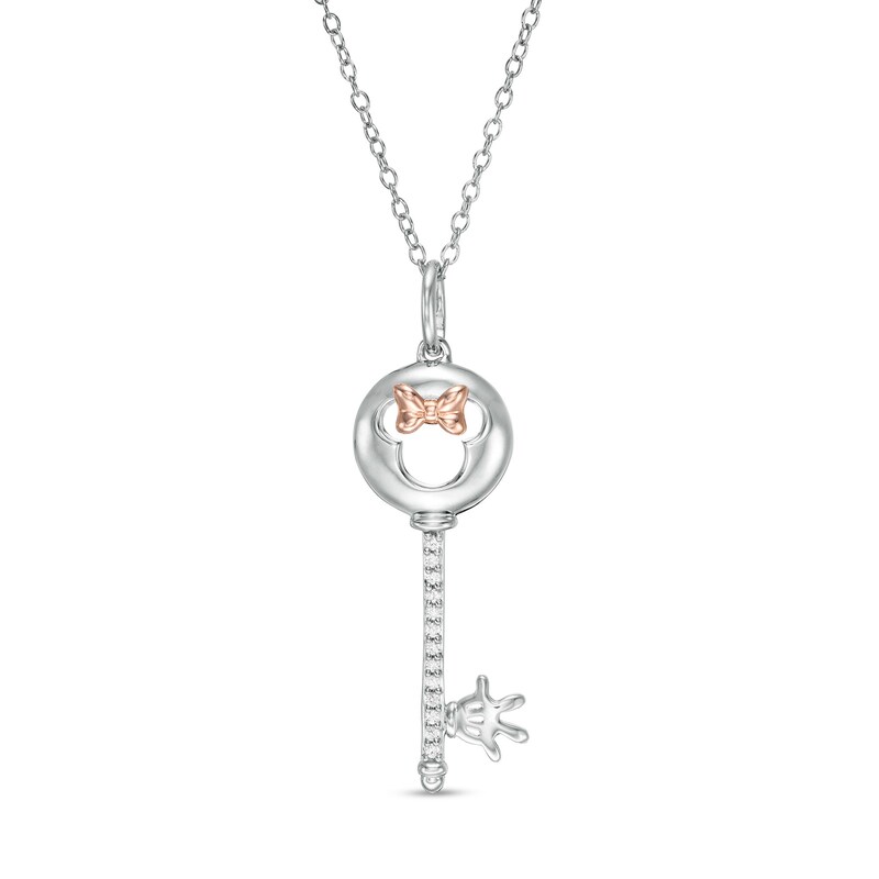 Mickey Mouse & Minnie Mouse 0.05 CT. T.W. Diamond Minnie Mouse Key Pendant in Sterling Silver and 10K Rose Gold - 19"|Peoples Jewellers