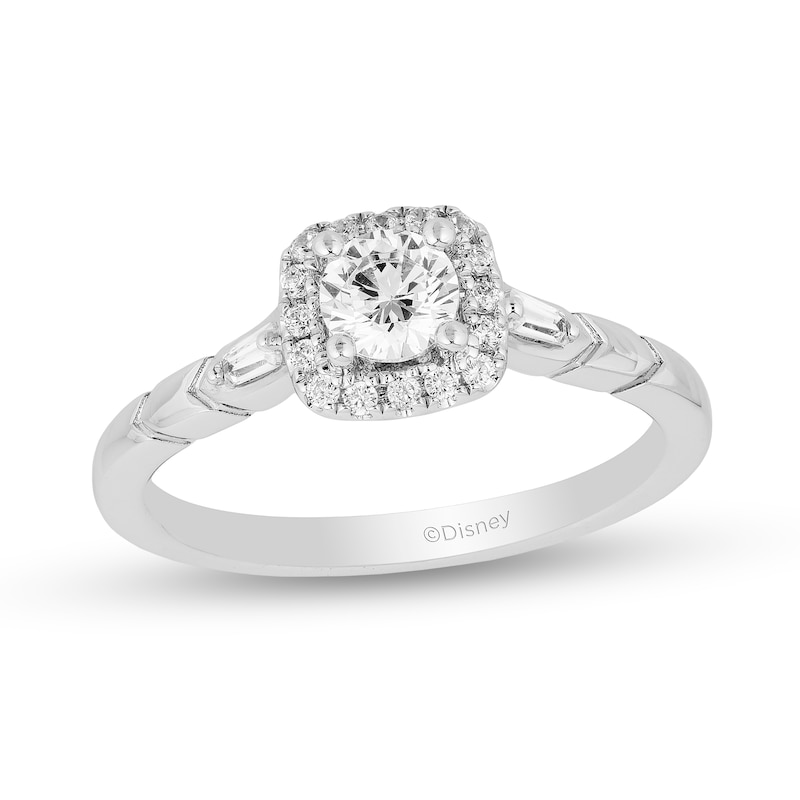 Main Image 1 of Enchanted Disney Elsa 0.58 CT. T.W. Diamond Cushion Frame Engagement Ring in 14K White Gold