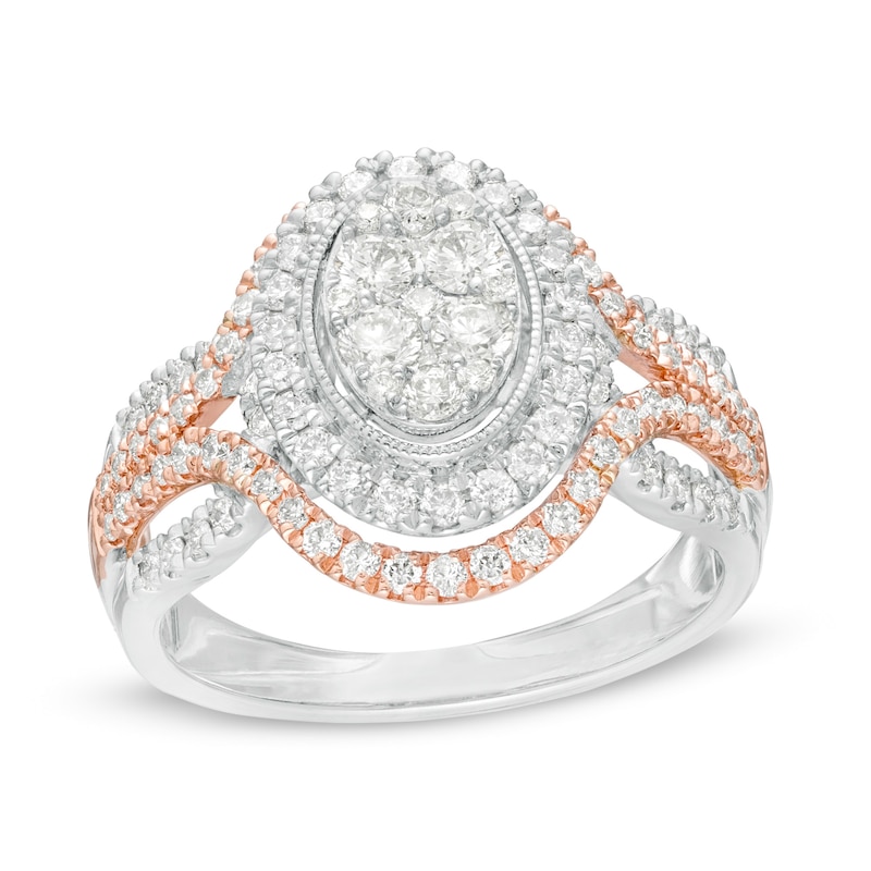 0.95 CT. T.W. Composite Diamond Oval Frame Split Shank Vintage-Style Engagement Ring in 14K Two-Tone Gold