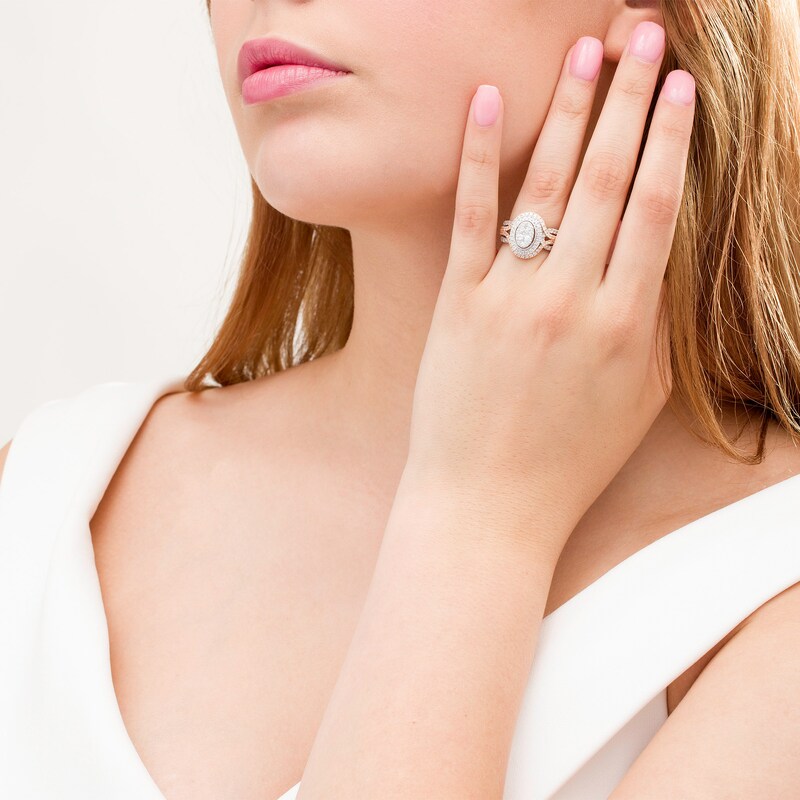 Main Image 2 of 0.95 CT. T.W. Composite Diamond Oval Frame Split Shank Vintage-Style Engagement Ring in 14K Two-Tone Gold