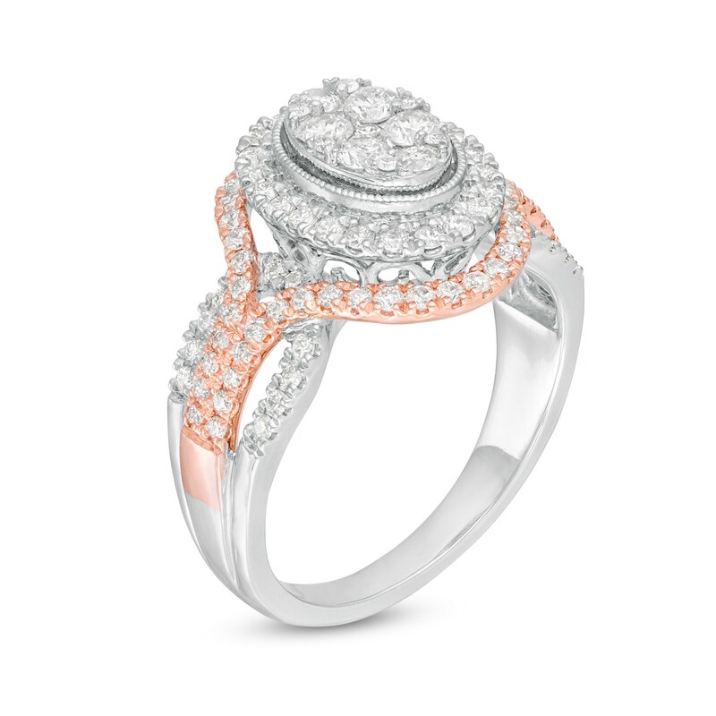 Main Image 3 of 0.95 CT. T.W. Composite Diamond Oval Frame Split Shank Vintage-Style Engagement Ring in 14K Two-Tone Gold