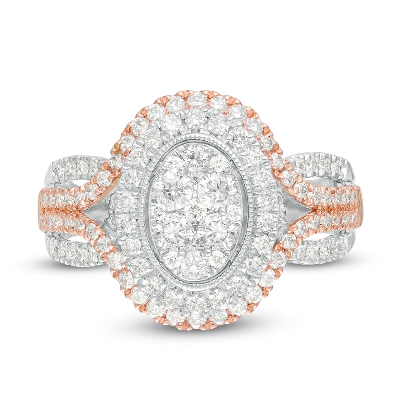 Main Image 4 of 0.95 CT. T.W. Composite Diamond Oval Frame Split Shank Vintage-Style Engagement Ring in 14K Two-Tone Gold