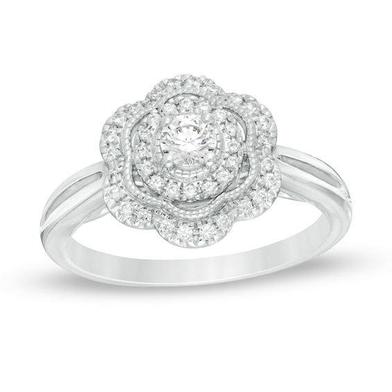 0.30 CT. T.W. Diamond Flower Frame Vintage-Style Engagement Ring in 14K White Gold