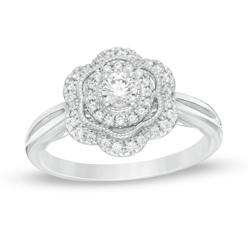 0.30 CT. T.W. Diamond Flower Frame Vintage-Style Engagement Ring in 14K White Gold