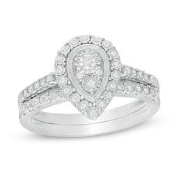 0.18 CT. T.W. Pear-Shaped Multi-Diamond Frame Vintage-Style Bridal Set in Sterling Silver