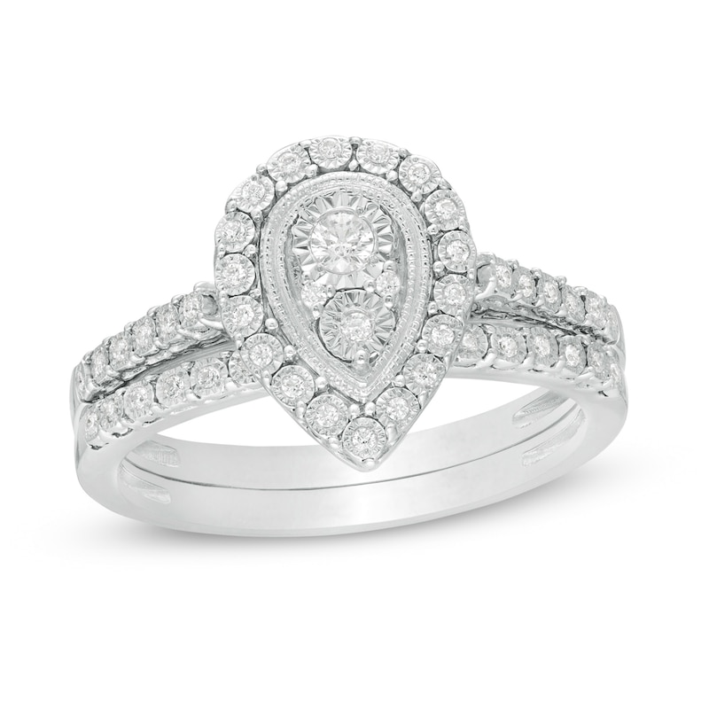 Main Image 1 of 0.18 CT. T.W. Pear-Shaped Multi-Diamond Frame Vintage-Style Bridal Set in Sterling Silver