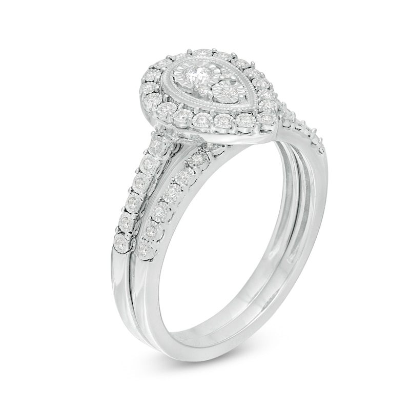 Main Image 3 of 0.18 CT. T.W. Pear-Shaped Multi-Diamond Frame Vintage-Style Bridal Set in Sterling Silver