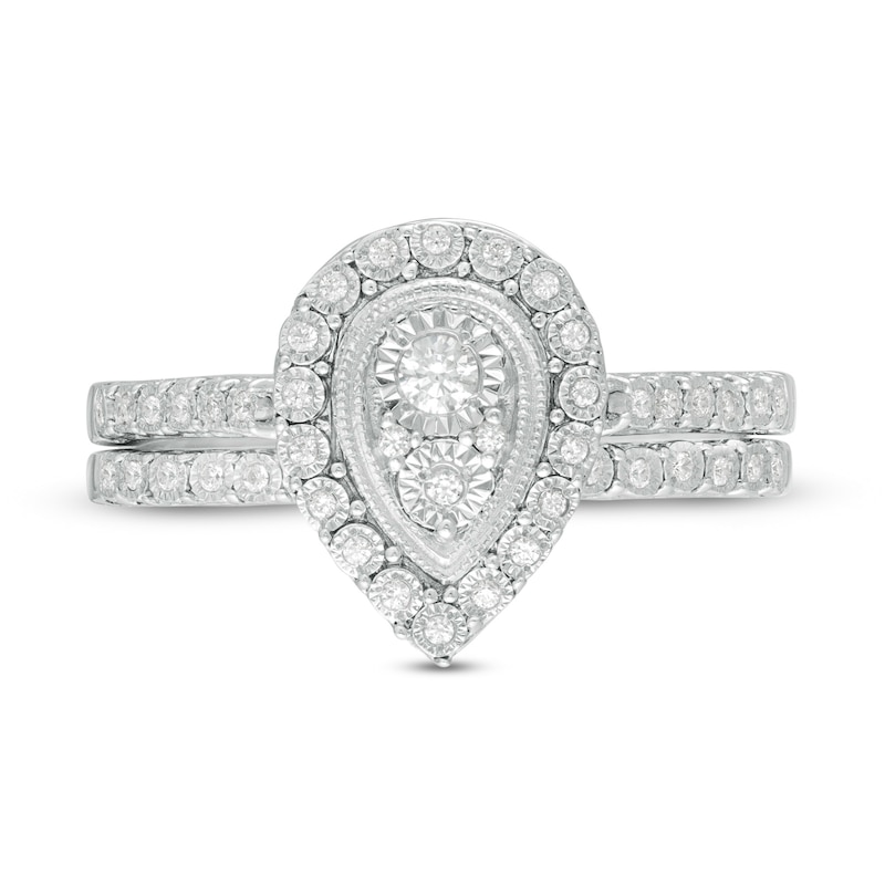 Main Image 4 of 0.18 CT. T.W. Pear-Shaped Multi-Diamond Frame Vintage-Style Bridal Set in Sterling Silver