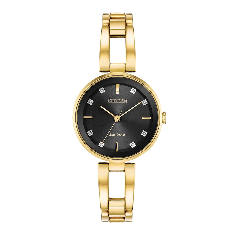 Ladies' Exclusive Citizen Eco-Drive®Diamond Accent Gold-Tone Bangle Watch with Black Dial (Model: EM0637-52F)