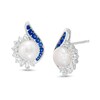 7.0mm Button Freshwater Cultured Pearl, Lab-Created Ceylon and White Sapphire Teardrop Stud Earrings in Sterling Silver
