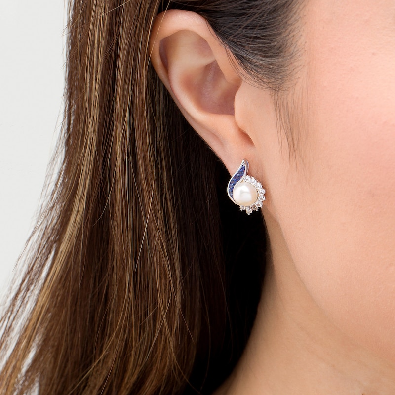 7.0mm Button Cultured Freshwater Pearl, Lab-Created Ceylon and White Sapphire Teardrop Stud Earrings in Sterling Silver