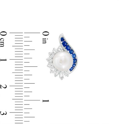7.0mm Button Freshwater Cultured Pearl, Lab-Created Ceylon and White Sapphire Teardrop Stud Earrings in Sterling Silver