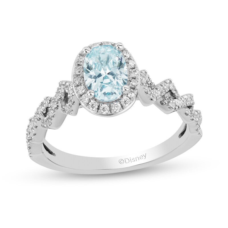 Enchanted Disney Elsa Oval Aquamarine and 0.23 CT. T.W. Diamond Frame Twist Shank Engagement Ring in 14K White Gold