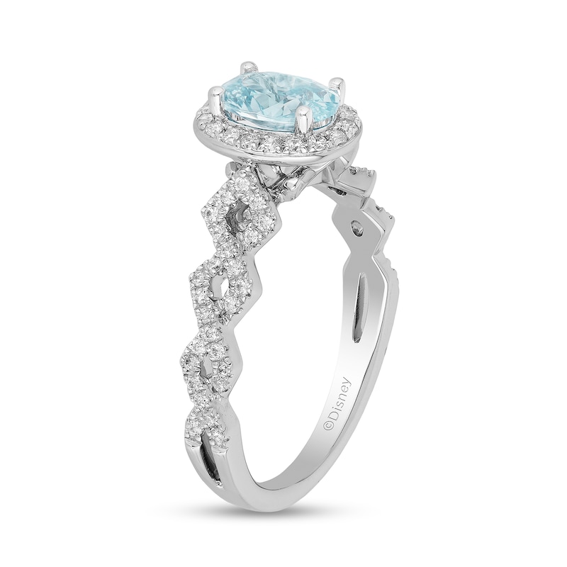 Enchanted Disney Elsa Oval Aquamarine and 0.23 CT. T.W. Diamond Frame Twist Shank Engagement Ring in 14K White Gold