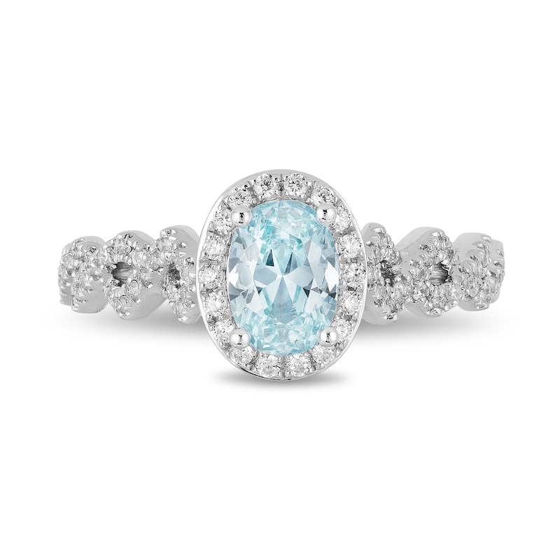 Main Image 3 of Enchanted Disney Elsa Oval Aquamarine and 0.23 CT. T.W. Diamond Frame Twist Shank Engagement Ring in 14K White Gold