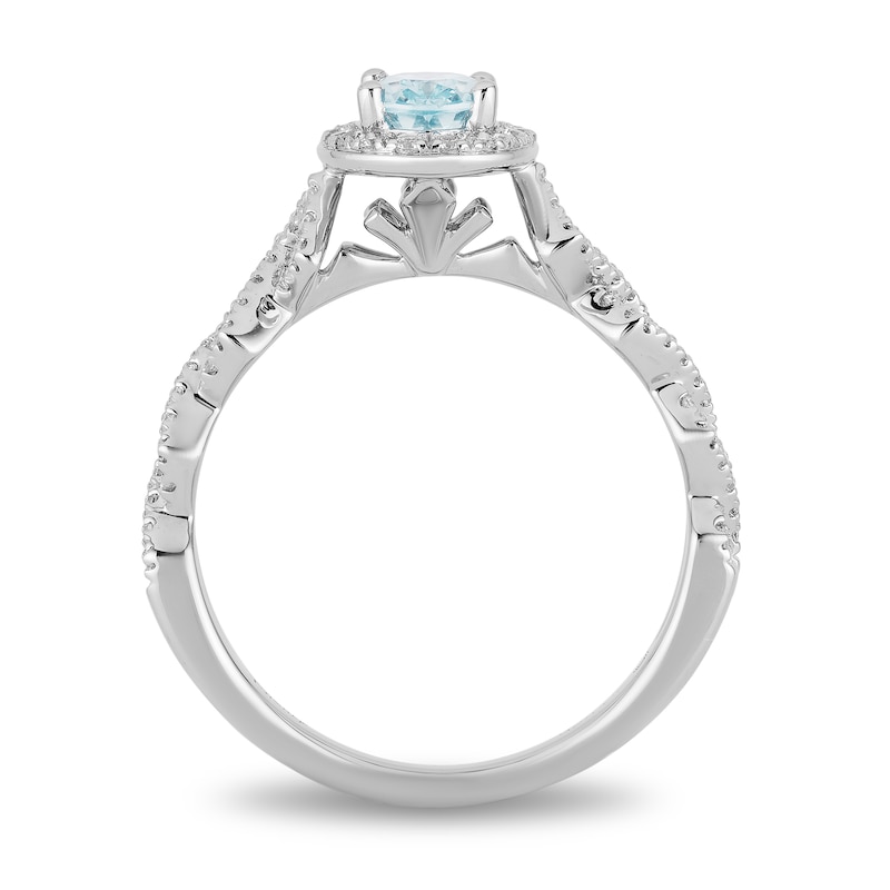 Enchanted Disney Elsa Oval Aquamarine and 0.23 CT. T.W. Diamond Frame Twist Shank Engagement Ring in 14K White Gold|Peoples Jewellers